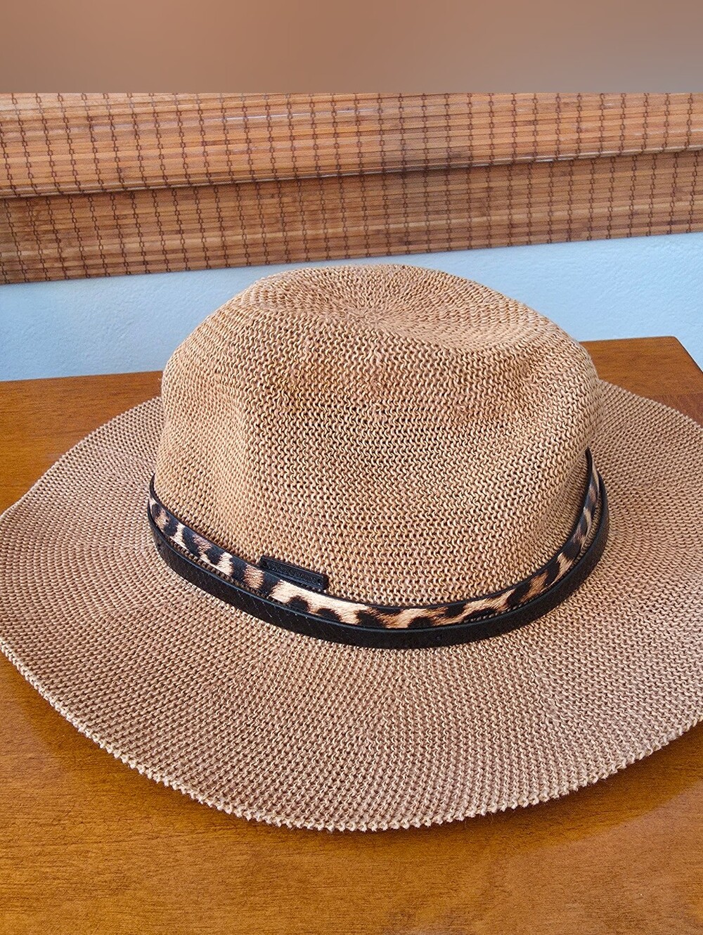 Vince Camuto Tan Woven Sun Hat with Leopard Trim